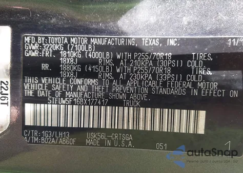 2011 Toyota Tundra Grade 5.7L V8 из США, поврежденный, VIN 5TFUW5F16BX177417